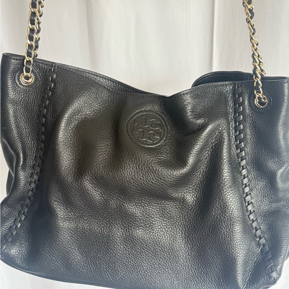 Tory Burch Black Pebbled Leather Tote with Gold Chain Handles